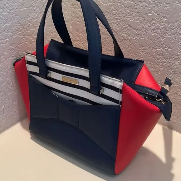 Kate Spade 2 Park Avenue Leather Handbag Purse Nautical Red White Blue Pristine - Picture 10 of 15